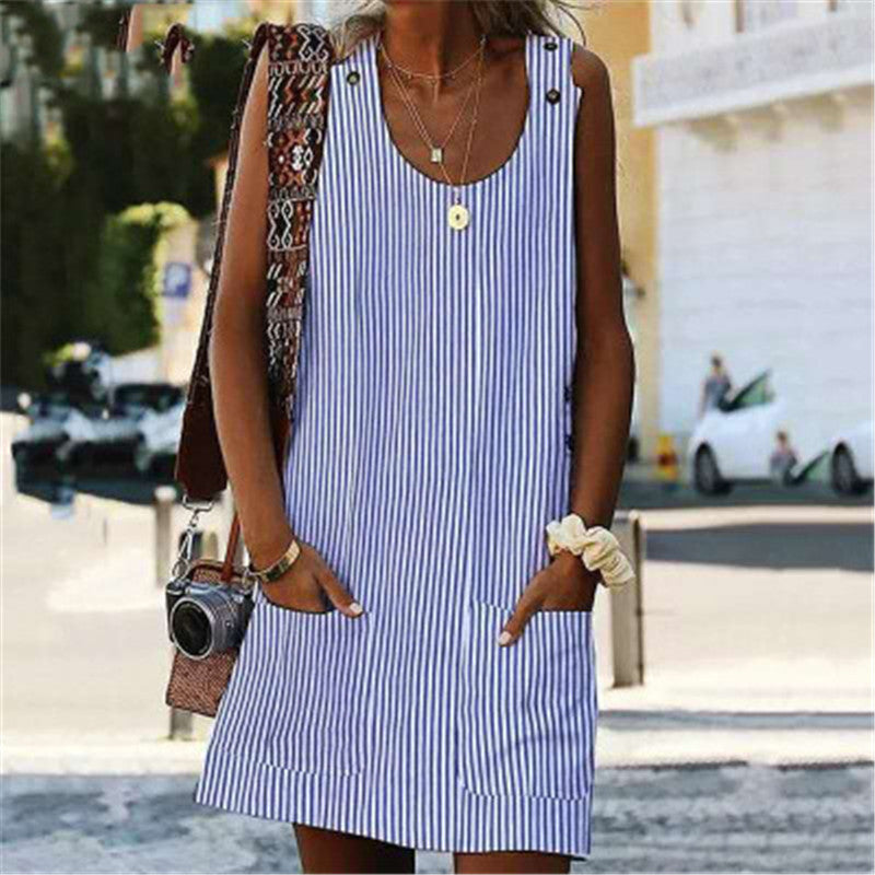 Summer Fashion Striped Patchwork Commuting U-Neck Sleeveless Pockets Back Button Casual Straight Slimming Mini Dress For Women