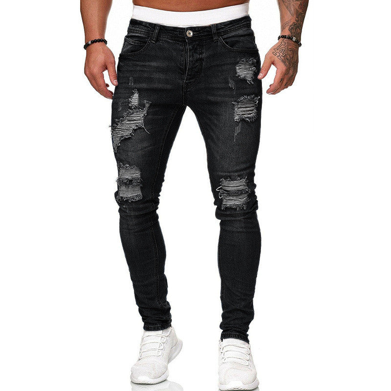 Fashion Street Style Ripped Skinny Jeans Men Vintage Wash Solid Denim Trouser Mens Casual Slim Fit Pencil Denim Pants