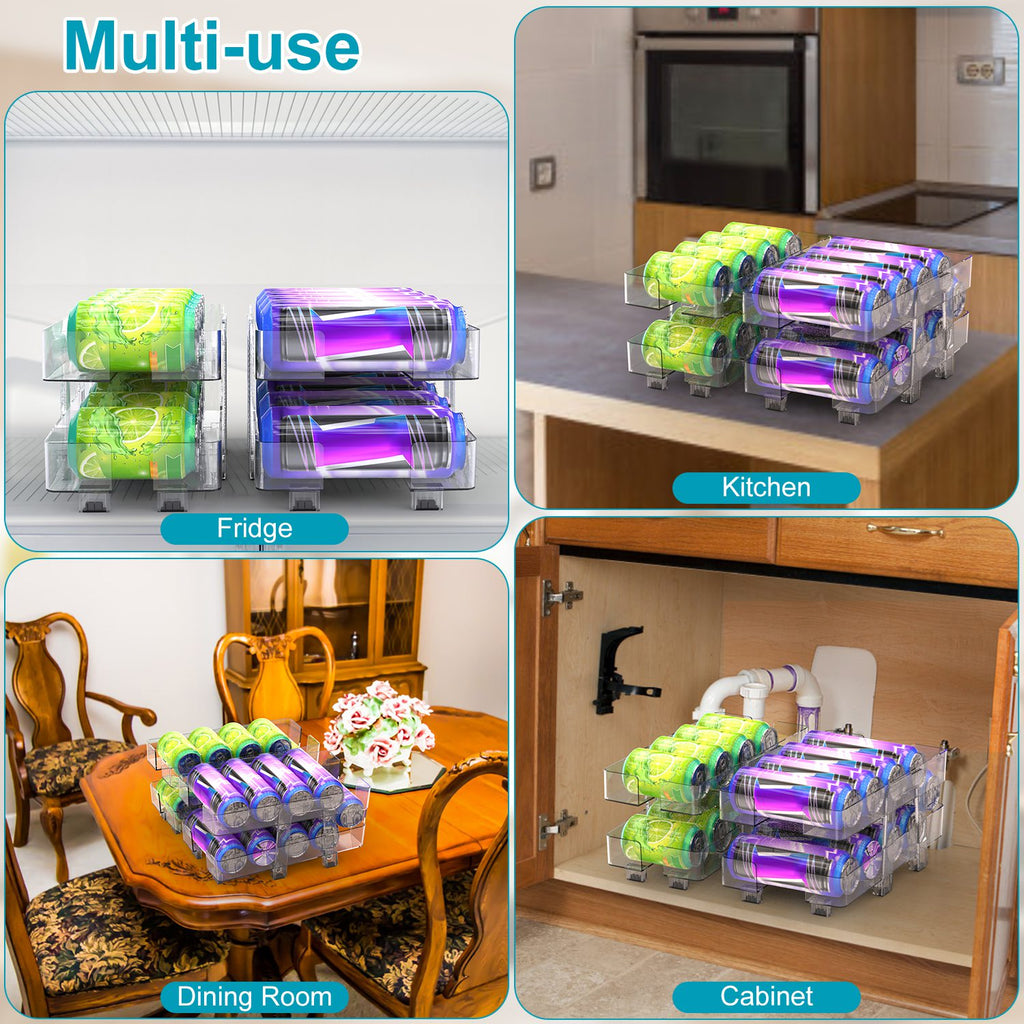 2Pack Adjustable Soda Can Organizers 2Tier Can Holders Beverage Dispensers For Fridge Pantry Cabinet 7Degree Slope Auto Rolling