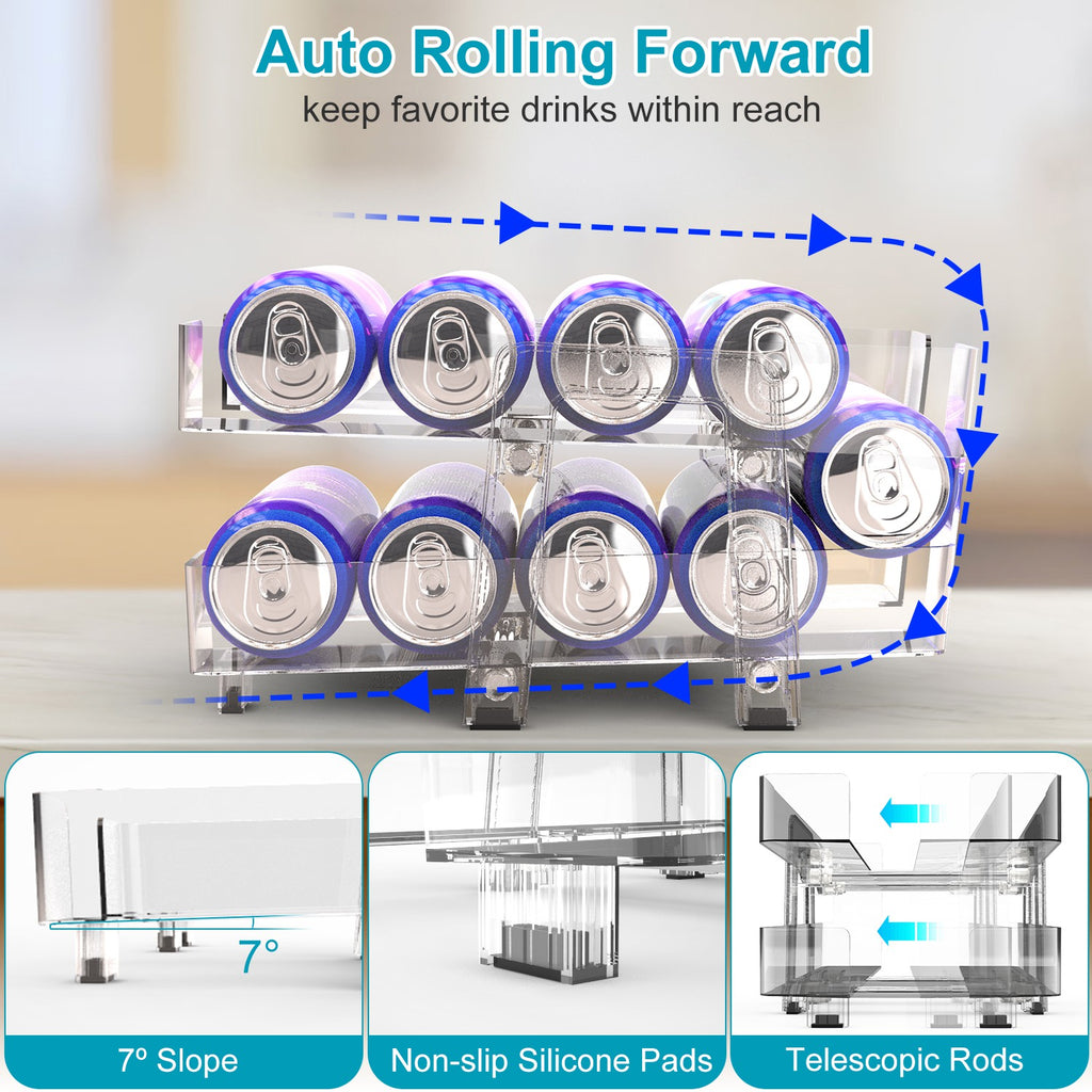 2Pack Adjustable Soda Can Organizers 2Tier Can Holders Beverage Dispensers For Fridge Pantry Cabinet 7Degree Slope Auto Rolling