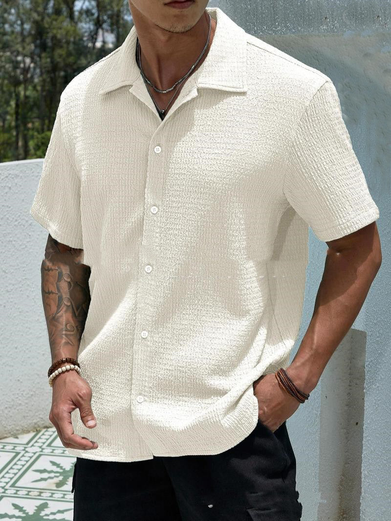 Men's Solid Color Short Sleeve Shirt Fashion Casual Button Lapel Tops Clothing