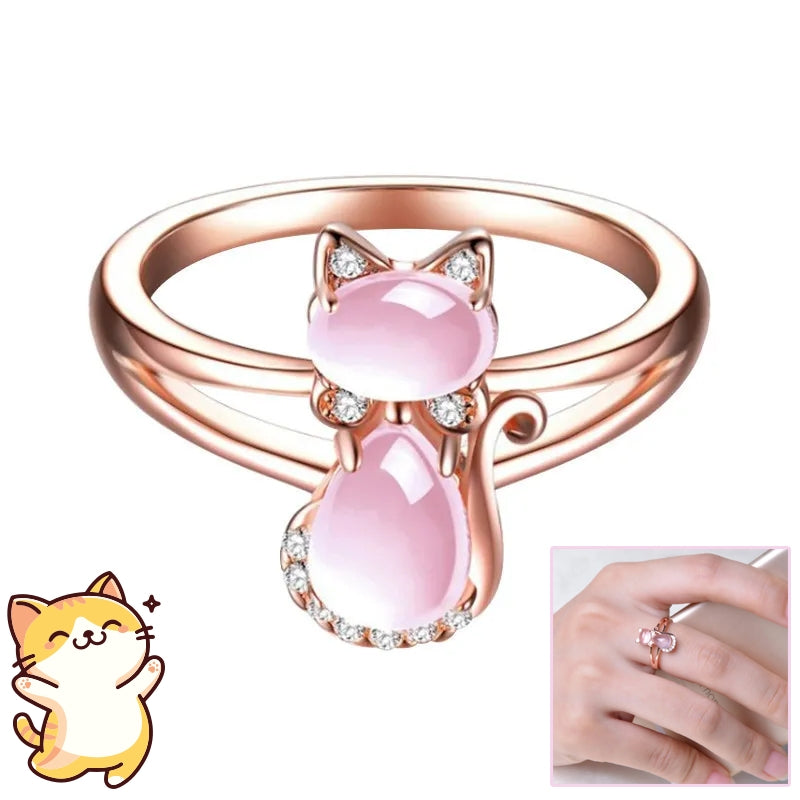 Rose Gold Plated Crystal Cute Animal Cat Ring Hibiscus Stone Crystal Diamond Ring Women Party Jewelry For Pet Lovers